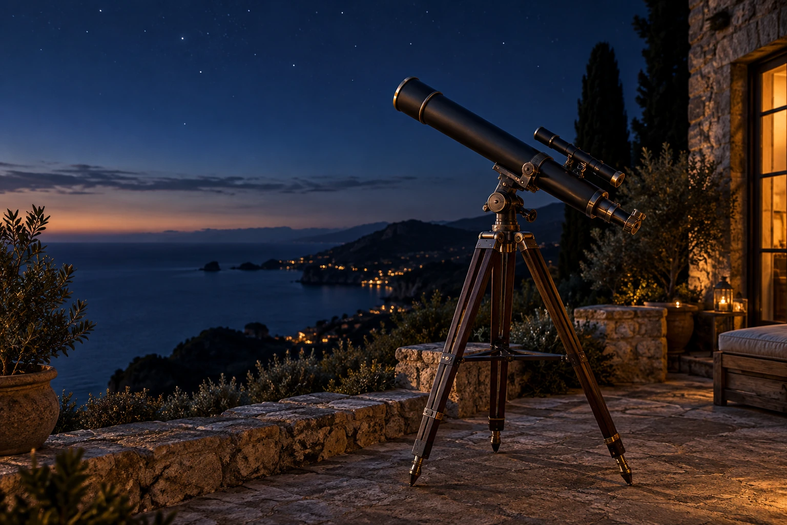 An unbranded telescope on a stone terrace above a quiet coastline at dusk