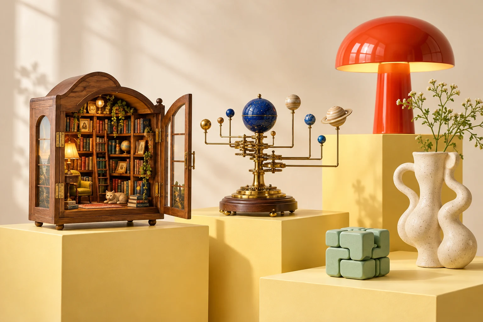 A miniature library, a mechanical solar system, a red lamp and sculptural curiosities arranged on a sunlit shelf